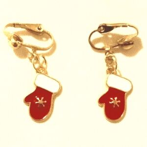 1" Christmas Holiday Red White Gold Santa Mitten Gloves Clip-on Earrings